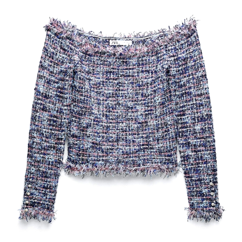 Zara - Textured Off-The-Shoulder Top with Frayed Trims and Faux Pearl Buttons